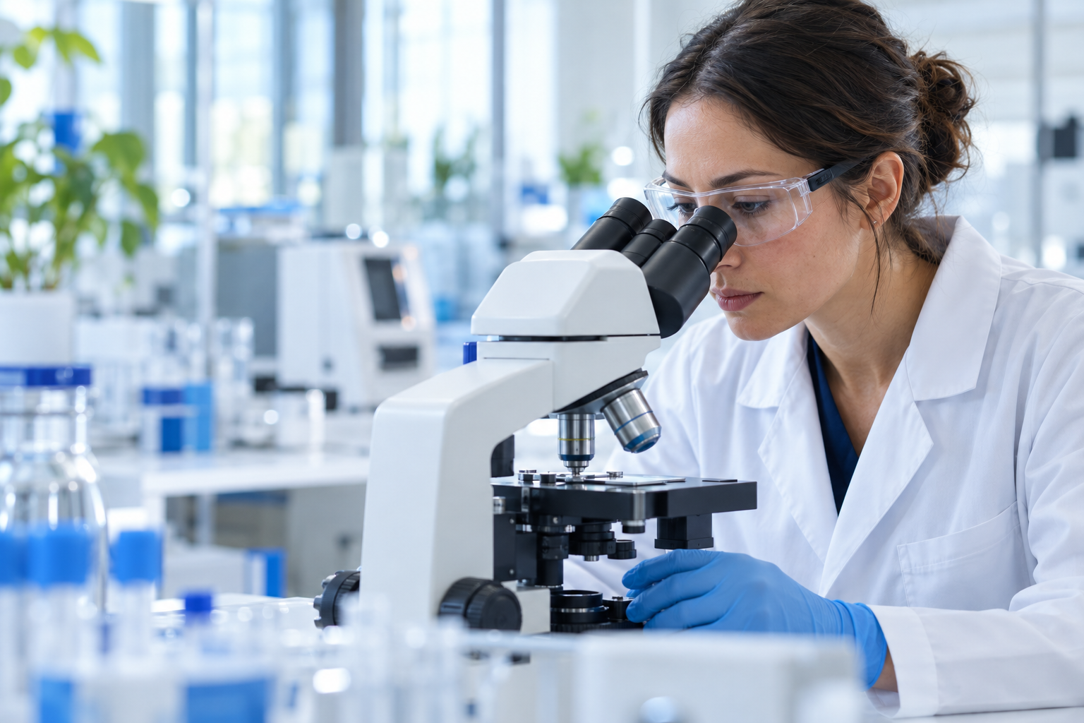 Illustrative scientist working with a microscope in a bright laboratory