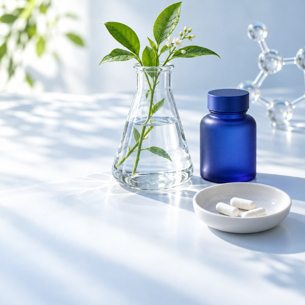 Glass flask with a flowering stem, a cobalt bottle, and capsules on a bright bench
